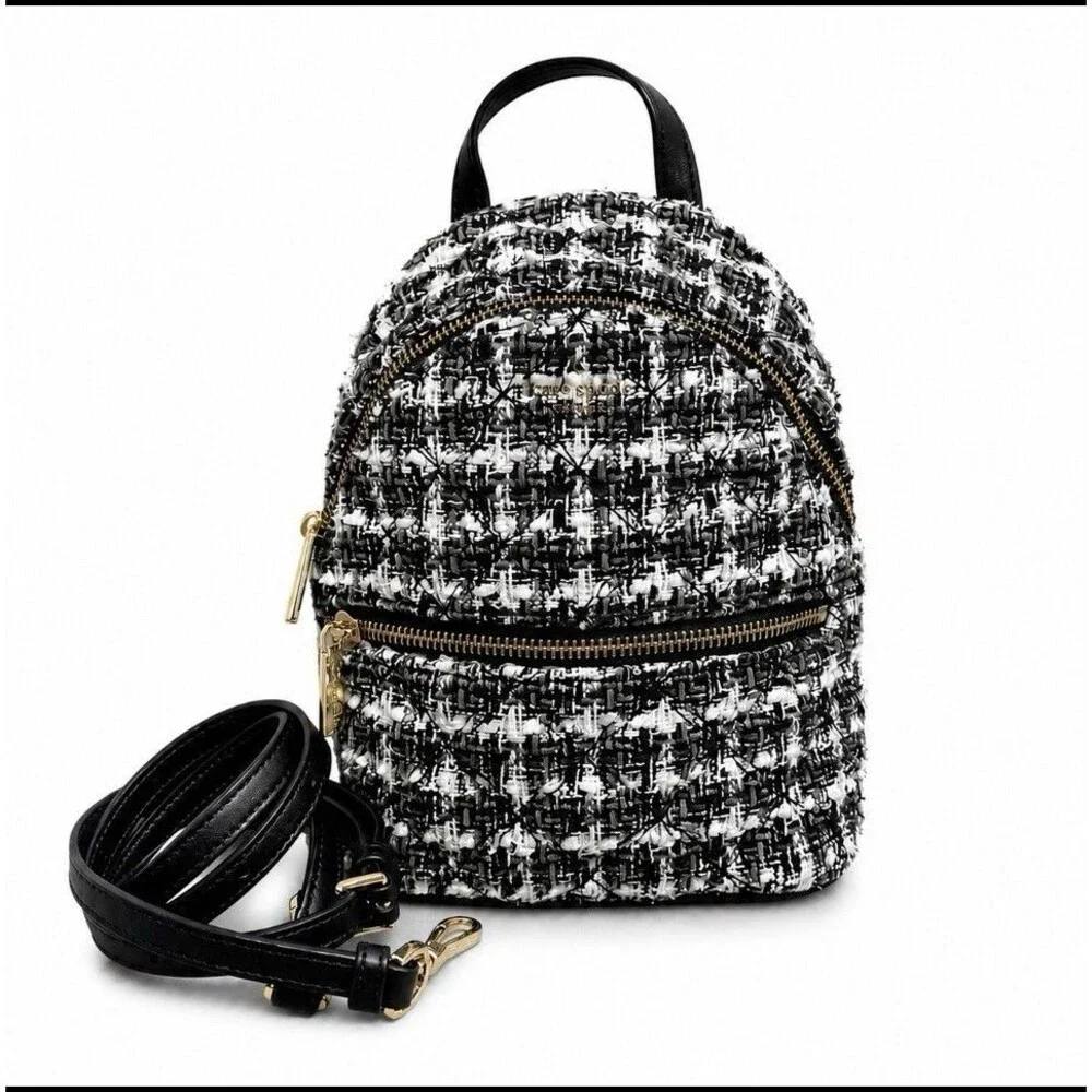 Kate Spade New York Mini Backpack Black White Tweed Gold Zip Spade Print